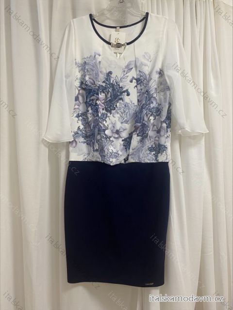 Šaty elegantné spoločenské krátky rukáv dámske nadrozmer (40-50) POLSKÁ MÓDA PMF23FLO bielo-modrá 40