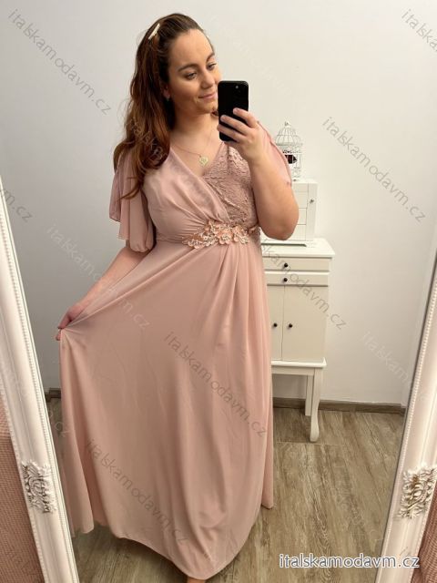 Šaty společenské elegantní šifonové krátký rukáv dámské nadrozměr (XL/2XL ONE SIZE) ITALSKÁ MÓDA IMM22ZO9014/DU XL/2XL starorůžová