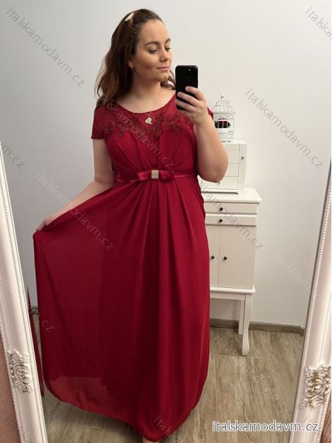 Šaty plesové elegantné spoločenské krátky rukáv dámske nadrozmer (L/XL/2XL ONE SIZE) TALIANSKA MÓDA IMM22693/DUR1 vínová