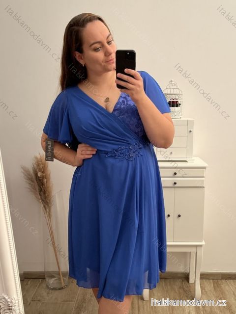 Šaty společenské elegantní šifonové krátký rukáv dámské nadrozměr (XL/2XL ONE SIZE) ITALSKÁ MÓDA IMM22ZO9013/DR zelená