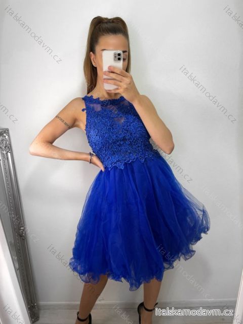 Šaty elegantné krajkové plesové krátke dámske (S/M ONE SIZE) TALIANSKA MÓDA IMM2219810/DU kr. modré