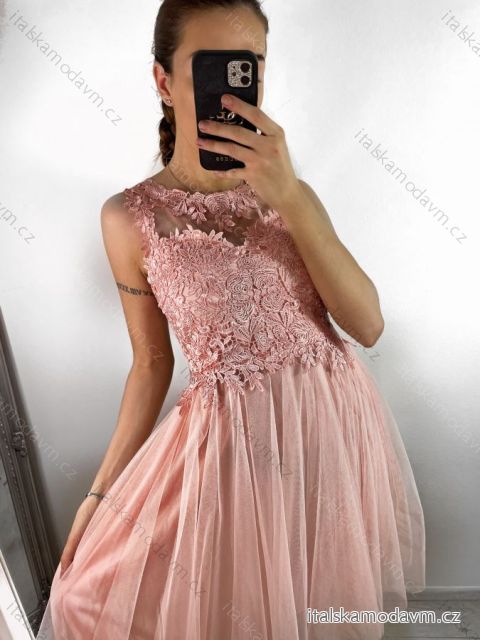 Šaty elegantní plesové bez rukávu krajka dámské (uni s/m) ITALSKá MóDA IM921BELLA/DU S/M světle růžová
