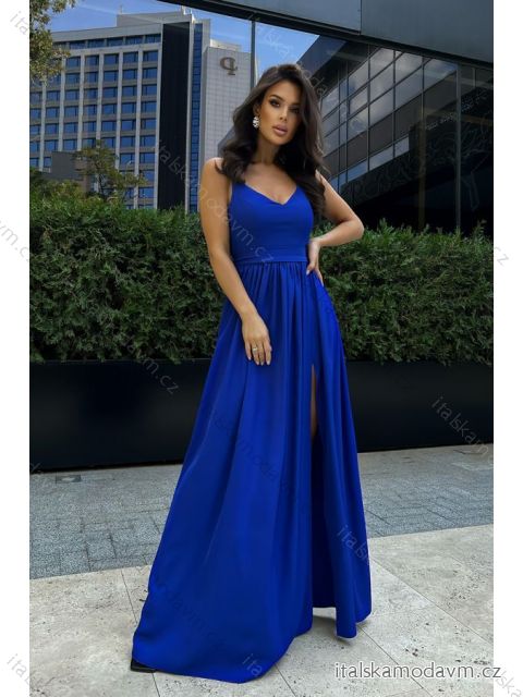 Šaty dlouhé elegantní společenské na ramínka dámské (34-40) POLSKÁ MÓDA PMLBC23239-05 královská modrá 38