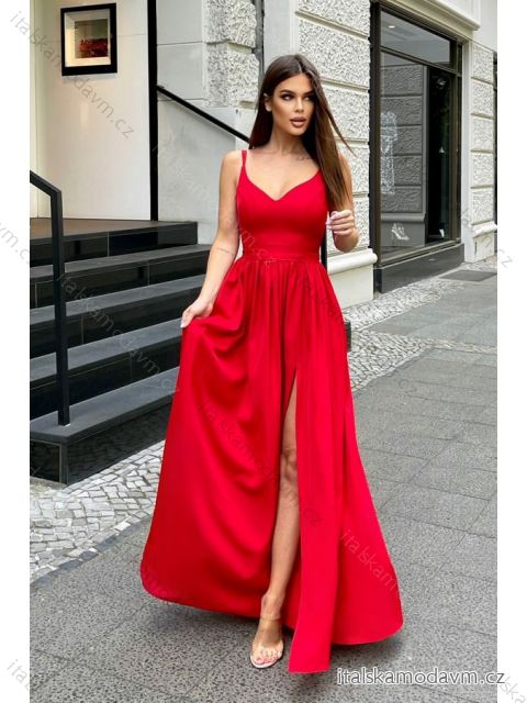 Šaty dlhé elegantné spoločenské na ramienka dámske (34-40) POLSKÁ MÓDA PMLBC23239-02 červená 38