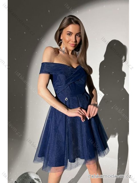 Šaty elegantní společenské carmen bez rukávu dámské (34-40) POLSKÁ MÓDA PMLBC23277-10 tmavo modrá 38