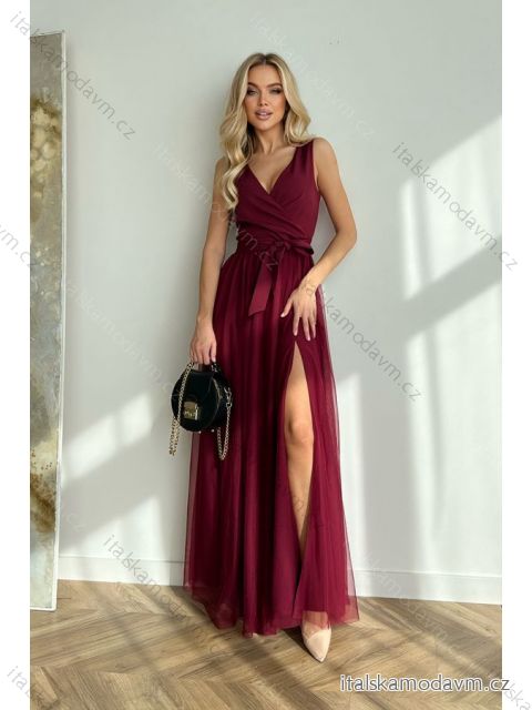 Šaty dlhé elegantné spoločenské bez rukávu dámske nadrozmer (34-48) POLSKÁ MÓDA PMLBC23248-10 vínová 44