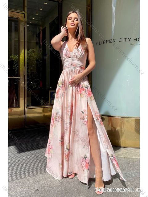 Šaty dlhé elegantné spoločenské bez rukávu dámske kvetované nadrozmer (34-48) POLSKÁ MÓDA PMLBC23245-17 kvietkované 42