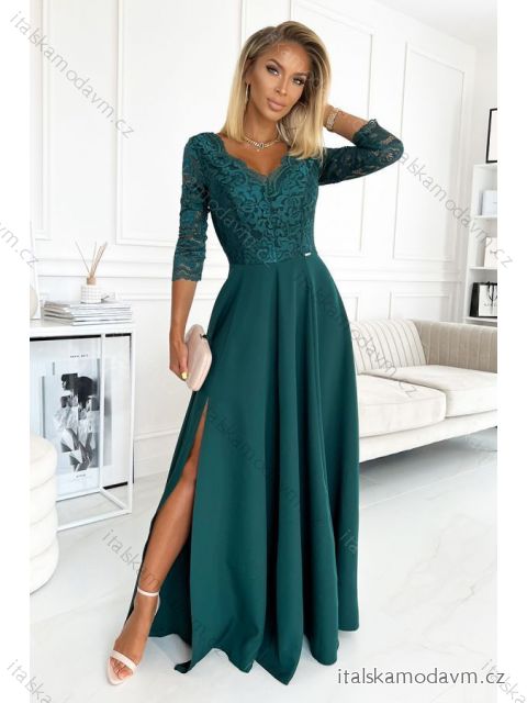 Šaty elegantní společenské krajkové dlouhé 3/4 rukávy Amber (S-2XL) POLSKÁ MÓDA NMC-309-5/DU zelená XXL