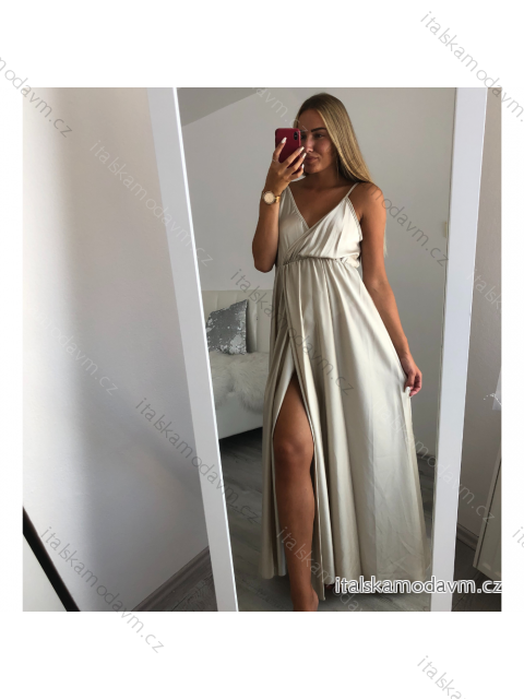 Šaty dlouhé letní saténové na ramínka dámské (S/M ONE SIZE) ITALSKÁ MÓDA IMM22360 šedo-béžová