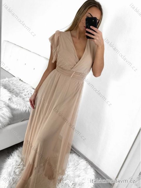 Šaty dlhé spoločenské krátky rukáv dámske (S/M ONE SIZE) TALIANSKA MODA IMM23M24081/DUR S/M béžová
