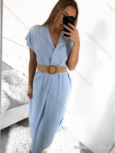 Šaty dlouhé letní s páskem krátký rukáv dámské (S/M ONE SIZE) ITALSKÁ MÓDA IMW235904/DU S/M světle modrá