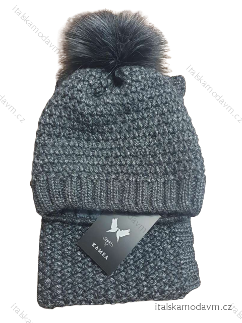 Súprava čiapky a nákrčník zimná dámska (ONE SIZE) POLSKÁ VÝROBA VELIO  PVF22K22064/D tmavo šedá ONE SIZE