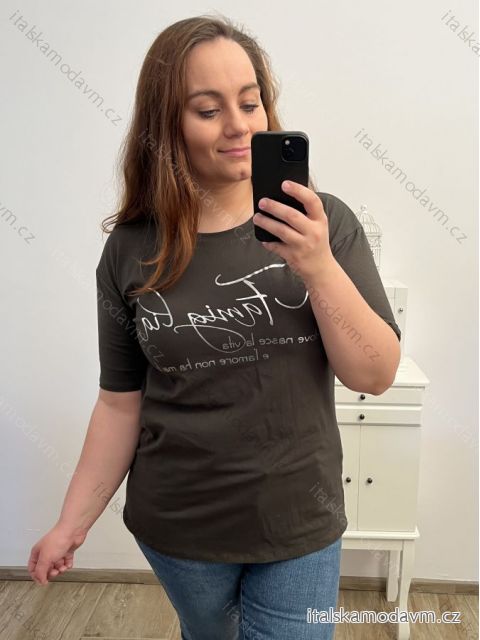 Tričko krátký rukáv dámská nadrozměr (XL/2XL/3XL ONE SIZE) ITALSKÁ MÓDA IM423066/DR XL/2XL Khaki
