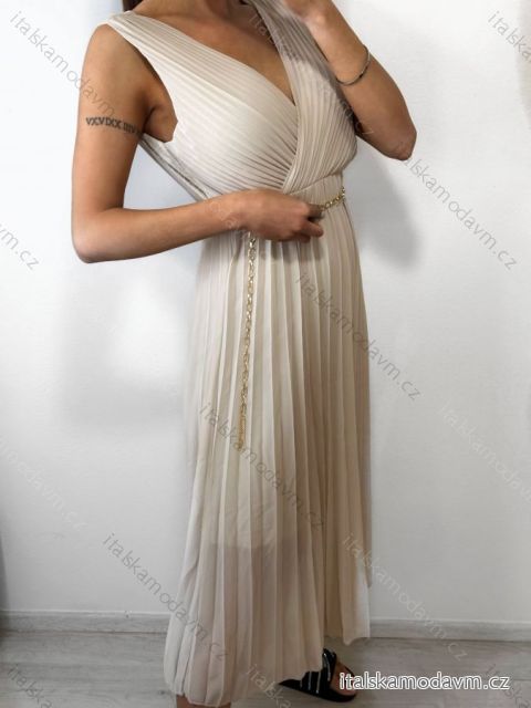 Šaty elegantní se skládanou sukní bez rukávu dámské (S/M ONE SIZE) ITALSKá MóDA IM42359100/DU S/M béžová