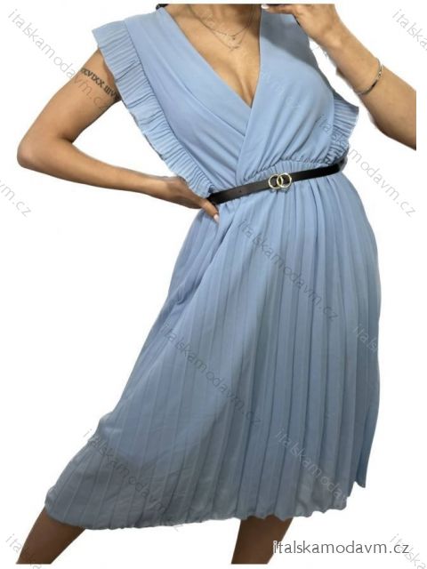 Šaty skládané s páskem bez rukávu dámské (S/M ONE SIZE) ITALSKá MóDA IM423074/DU S/M světle modrá