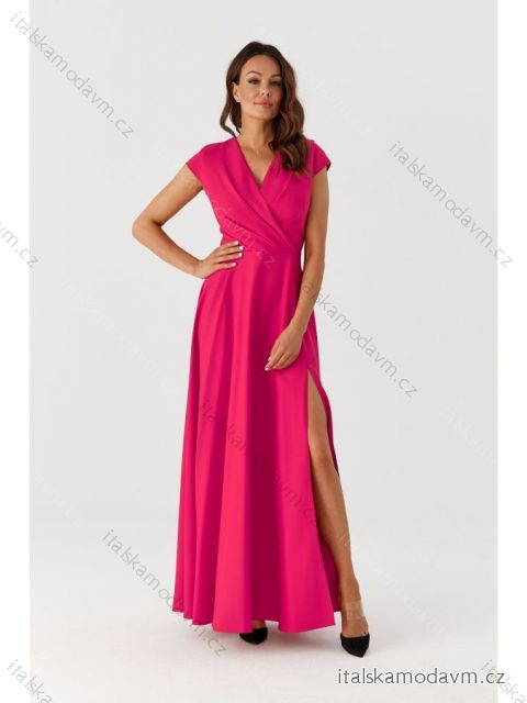 Šaty dlouhé společenské krátký rukáv dámské (36-56) POLSKÁ MÓDA PMLMR23AFRODYTA-1 tmavo ružová 48