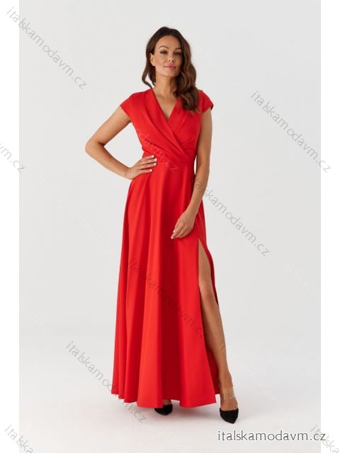 Šaty dlhé spoločenské krátky rukáv dámske (36-56) POLSKÁ MÓDA PMLMR23AFRODYTA-4 červená 36