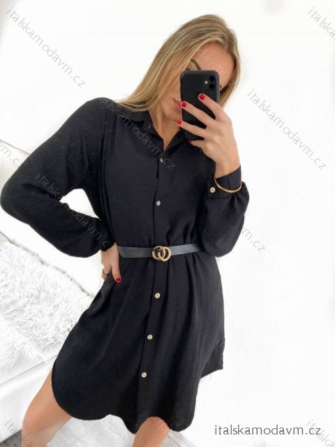 Šaty košilové s páskem dlouhý rukáv dámské (S/M ONE SIZE) ITALSKá MóDA IM423150/DU S/M čierna