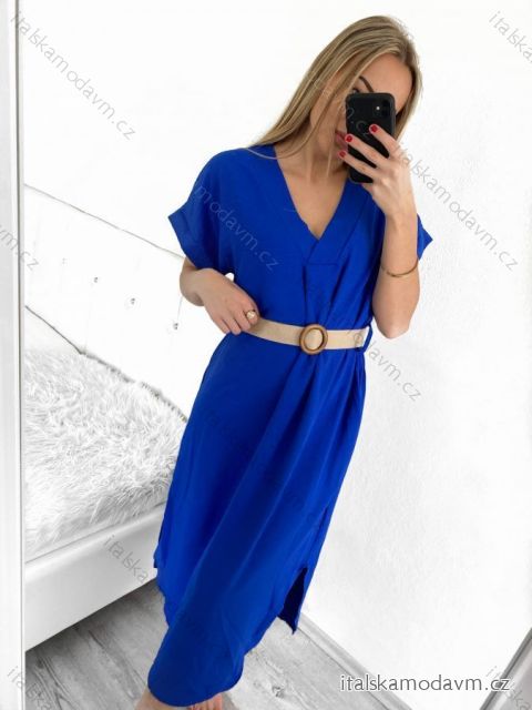 Šaty letní dlouhé s páskem krátký rukáv dámské (S/M ONE SIZE) ITALSKÁ MÓDA IMM23M7363/DU S/M královská modrá