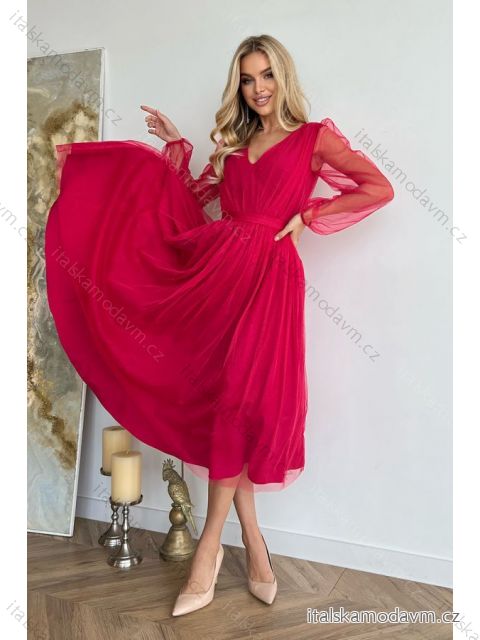 Šaty elegantní společenské dlouhý rukáv dámské (34-44) POLSKÁ MÓDA PMLBC23269-07A fuchsiová 34
