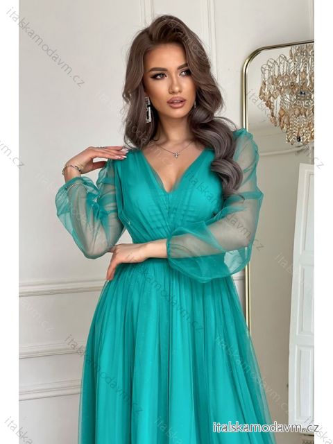 Šaty elegantné spoločenské dlhý rukáv dámske (34-44) POLSKÁ MÓDA PMLBC23269-18 tyrkysová 44