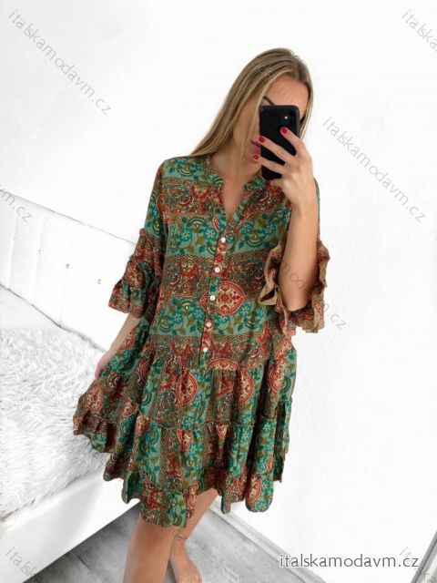Šaty letní košilové dlouhý rukáv dámské (S/M/L ONE SIZE) INDICKÁ MÓDA IMWY23123/DR M/L zelená
