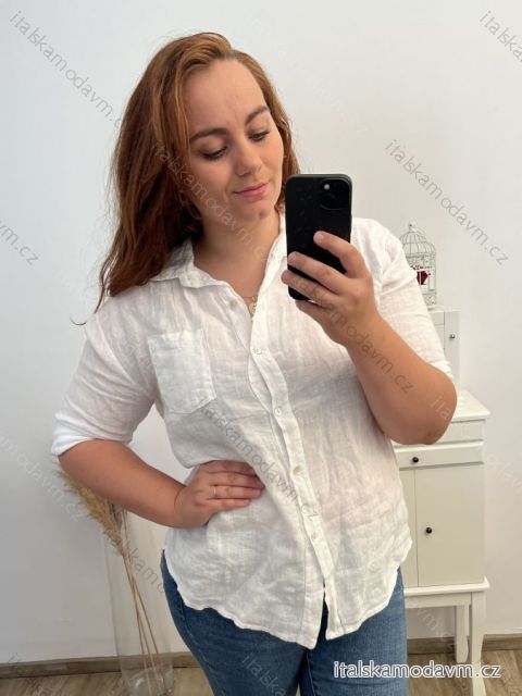 Košile lněná   3/4 rukáv dámská nadrozměr (XL/2XL ONE SIZE) ITALSKá MóDA IM723BAGGA/DR XL/2XL bílá
