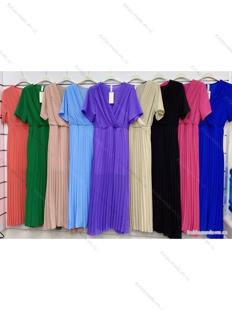 Šaty dlouhé skládané elegantní krátký rukáv dámské (S/M ONE SIZE) ITALSKÁ MÓDA IMWGM231672/DU S/M béžová