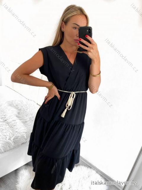 Šaty letní s páskem krátký rukáv dámské (S/M ONE SIZE) ITALSKÁ MÓDA IMM23M7739/DUR S/M čierna