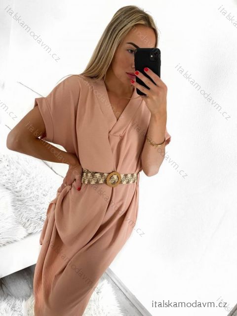 Šaty letné s opaskom krátky rukáv dámske (S/M/L ONE SIZE) TALIANSKA MÓDA IMWA222563/DUR světle růžová