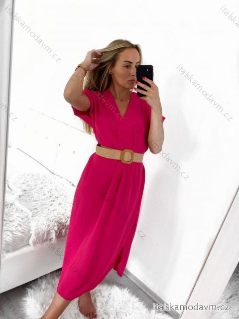 Šaty krátky rukáv s opaskom dámske nadrozmer (M/L/XL ONE SIZE) TALIANSKA MóDA IM423BELT/DUR L/XL tmavo ružová