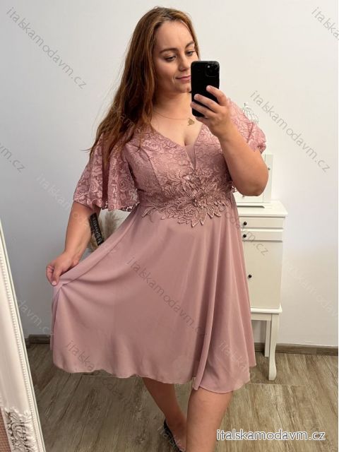 Šaty krajkové společenské krátký rukáv dámské nadrozměr (XL/2XL ONE SIZE) ITALSKÁ MÓDA IMM2380657PL/DU  starorůžová