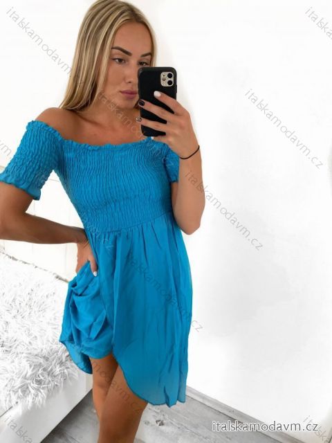 Šaty carmen cez ramená letné dámske (S/M ONE SIZE) TALIANSKA MÓDA IMM22U5368/DUR modrá