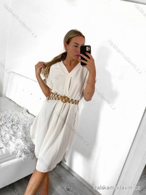 Šaty letní s páskem krátký rukáv dámské (S/M/L ONE SIZE) ITALSKÁ MÓDA IMWA23010/DU M/L smetanová