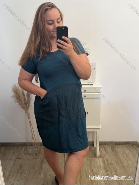 Šaty letné krátky rukáv dámske (L/XL ONE SIZE) TALIANSKA MÓDA IM722261 petrolejová L/XL