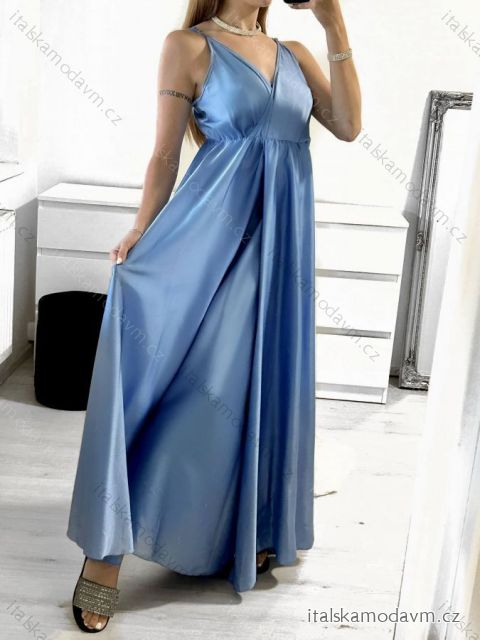 Šaty dlouhé letní saténové na ramínka dámské (S/M ONE SIZE) ITALSKÁ MÓDA IMM22360/DUR světle modrá