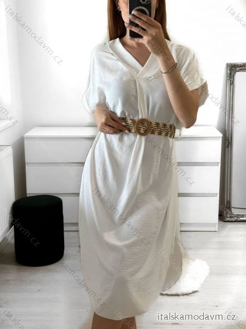 Šaty letné s opaskom krátky rukáv dámske (S/M/L/XL ONE SIZE) TALIANSKA MÓDA IMD23438/DUR bílá