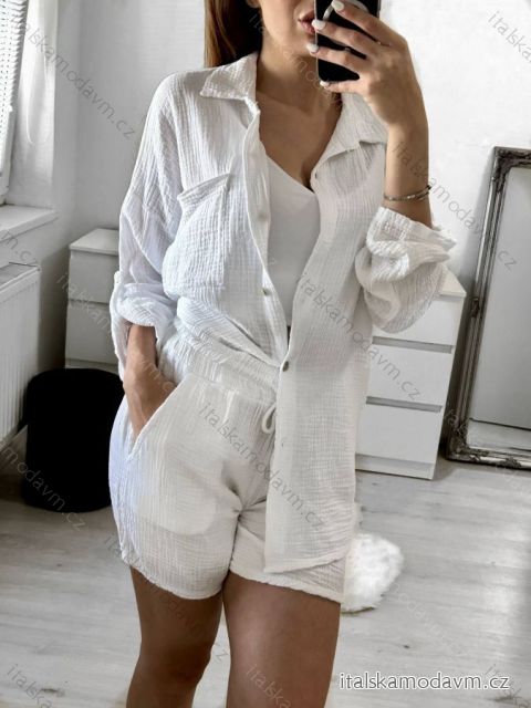Souprava letní mušelín kraťasy a košile dlouhý rukáv dámské (S/M/L ONE SIZE) ITALSKÁ MÓDA IMWMY23232194/DUR bílá
