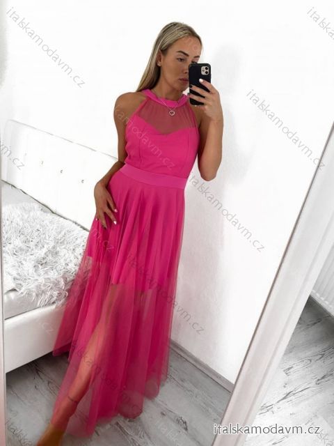 Šaty tilové elegantní bez rukávů dámské (S/M ONE SIZE) ITALSKÁ MÓDA IMM22Q52235A/UL tmavě růžová