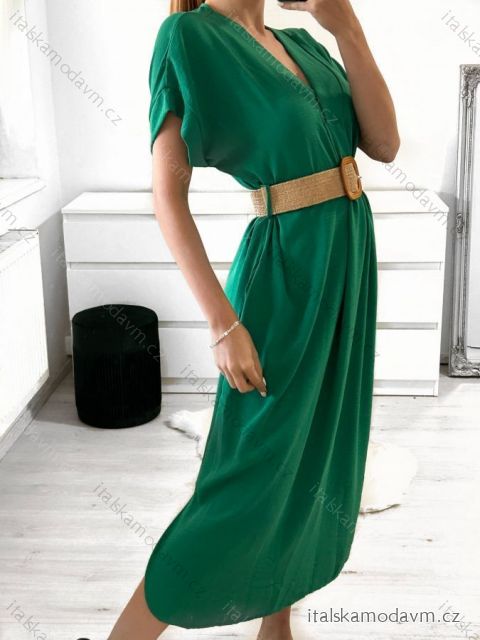 Šaty dlhé letné s opaskom krátky rukáv dámske (S/M ONE SIZE) TALIANSKA MÓDA IMPLI235904/DUR S/M zelená