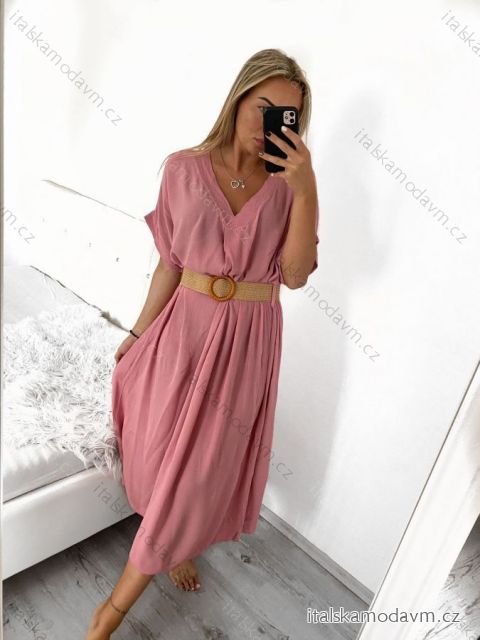 Šaty dlhé s opaskom krátky rukáv dámske (S/M ONE SIZE) TALIANSKA MÓDA IMWA231295/DU S/M staroružová