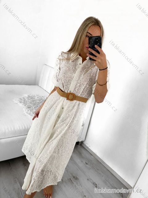Šaty košilové krajkované s páskem krátký rukáv dámské (S/M ONE SIZE) ITALSKÁ MÓDA IMM23BR1956/DU S/M bílá