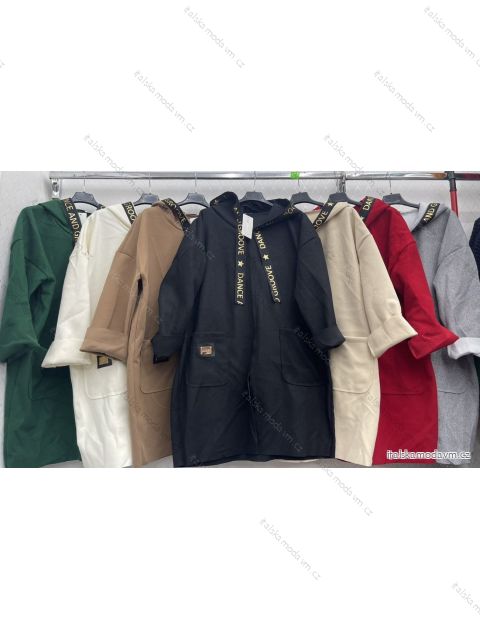 Kabát flaušový s kapucňou dlhý rukáv dámsky nadrozmer (XL/2XL ONE SIZE) TALIANSKA MÓDA IMWD233511 čierna XL/2XL