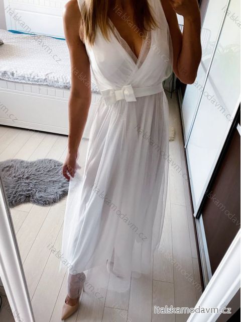 Šaty dlouhé tylové na ramínka dámské (S/M ONE SIZE) ITALSKÁ MÓDA IMM238917/DU   bílá   S/M