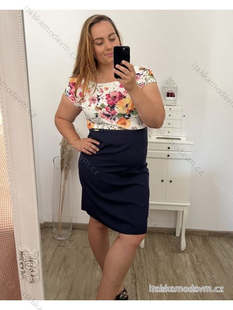 Šaty elegantní společenské bez rukávu dámské nadrozměr (42-52) POLSKÁ MÓDA PMF23FLOWERS 44 modrá