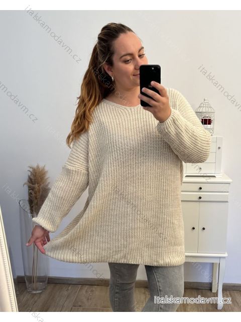 Svetr pletený oversize dlouhý rukáv dámský nadrozměr (2XL/3XL/4XL/5XL ONE SIZE) ITALSKÁ MÓDA IMD23755/DU 3XL/4XL béžová