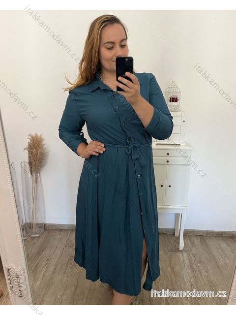 Šaty dlhé s páskem dlhý rukáv dámske nadrozmer (XL/2XL ONE SIZE) TALIANSKA MÓDA IMWEC23MILANO/DU XL/2XL petrolejová
