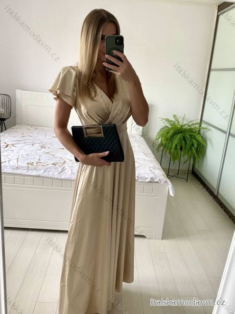 Šaty dlhé spoločenské krátky rukáv dámske (S/M ONE SIZE) TALIANSKA MODA IM323125/DU S/M béžová