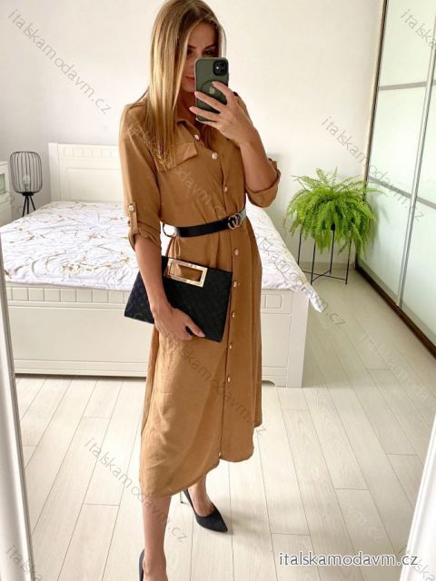 Šaty košeľové s opaskom dlhý rukáv dámske (S/M ONE SIZE) TALIANSKA MÓDA IMPBB22E9511/DUR   hnedá   S/M