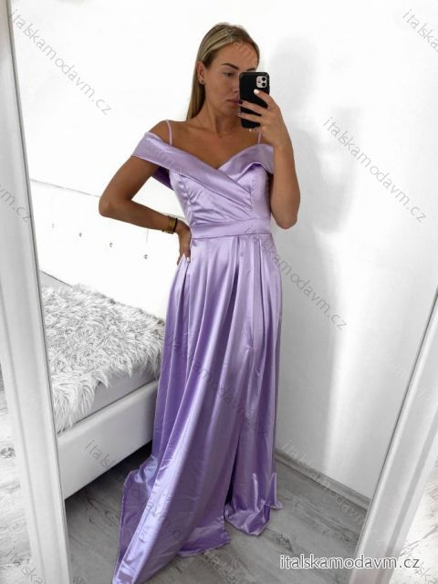 Šaty carmen dlhé na ramienka elegantné saténové dámske (S/M ONE SIZE) TALIANSKA MÓDA IMPBB22B22735/DUR fialová